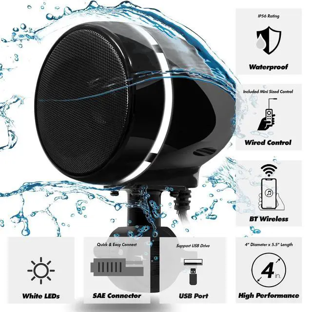 Alt view image 3 of 5 - GoHawk Bluetooth Motorcycle Speakers with LED Ring, 4" Waterproof Motorcycle Stereo System, Built-in Amplifier Audio Music Player w/USB AUX for Harley ATV Scooter 4-Wheeler, AN4-Halo Black