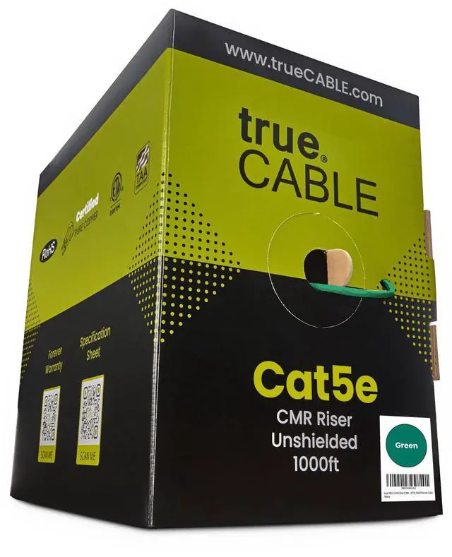 Main image of trueCABLE Cat5e Riser (CMR), 1000ft, Green, 24AWG 4 Pair Solid Bare Copper, 350MHz, PoE++ (4PPoE), ETL Listed, Unshielded Twisted Pair (UTP), Bulk Ethernet Cable