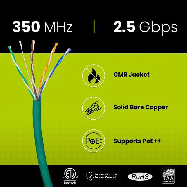 Alt view image 2 of 5 - trueCABLE Cat5e Riser (CMR), 1000ft, Green, 24AWG 4 Pair Solid Bare Copper, 350MHz, PoE++ (4PPoE), ETL Listed, Unshielded Twisted Pair (UTP), Bulk Ethernet Cable