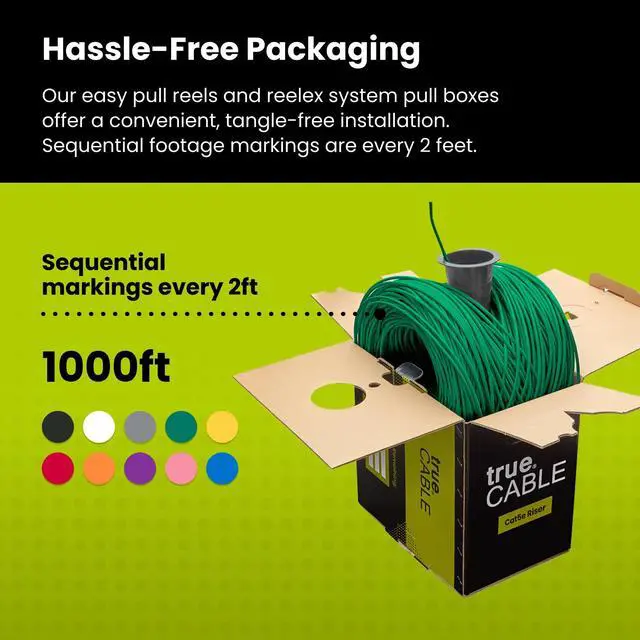 Alt view image 5 of 5 - trueCABLE Cat5e Riser (CMR), 1000ft, Green, 24AWG 4 Pair Solid Bare Copper, 350MHz, PoE++ (4PPoE), ETL Listed, Unshielded Twisted Pair (UTP), Bulk Ethernet Cable