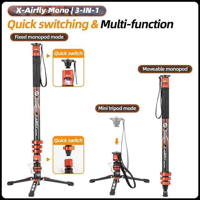 Alt view image 4 of 4 - Fotopro Professional Camera Monopod with Feet, 73.4" Carbon Fiber Portable Travel Monopod with Removable Tripod Stand Base, Quick Release for Travel Sports Wildlife Photo, 22 lbs Load, X-Airfly Mono