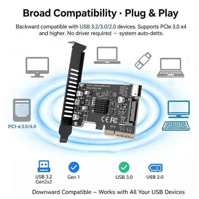 Alt view image 4 of 5 - Gugxiom PCIe to USB 3.2 Expansion Card, 20Gbps Type E Key A Front Header Adapter, Internal Type C Converter with ASM3242 Chip SATA 15Pin Power for Desktop PC