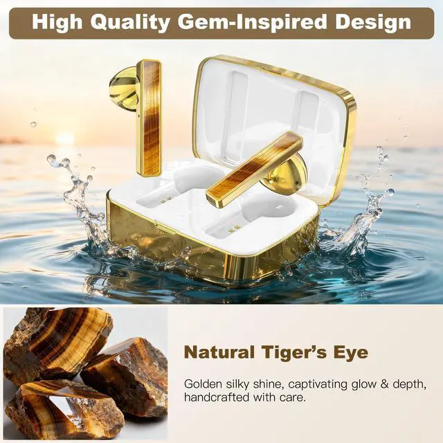 Alt view image 2 of 5 - R'hllor Mothers Day Birthday Gifts for Women, Wireless Earbuds Bluetooth 5.4 Earring Headphones with Noise Cancelling Comfort, Jewelry Style Gift Box, Tigers Eye