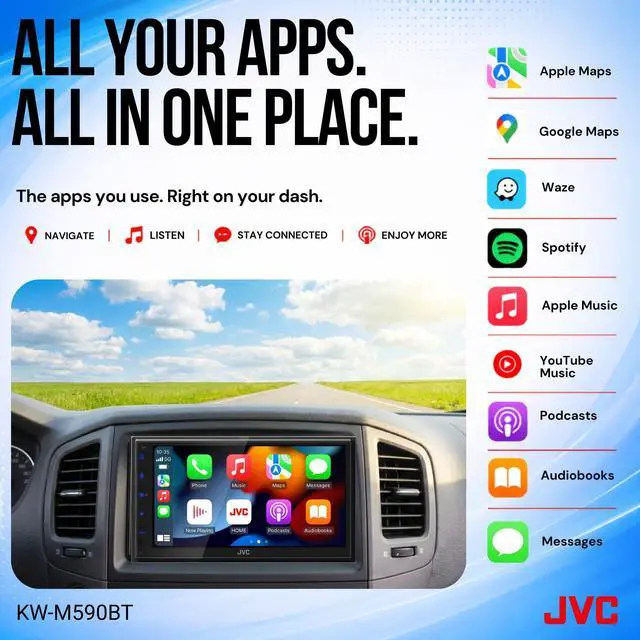 Alt view image 5 of 5 - JVC KW-M590BT Single Din/Double Din Car Stereo (50W x 4-Ch), L-Shaped Chassis Fits Most Cars, Large 6.8" Hi-Res Touchscreen, AM/FM, Apple CarPlay, Android Auto, Rear Camera Input, USB 2.1 Fast Charge