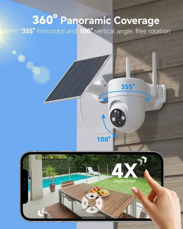 Alt view image 2 of 5 - LIWAN Solar Camera Outdoor Wireless, 2.4G WiFi Security Cameras for Home Security, Surveillance Camera Outside with Solar Panel, 2K Color Night Vision, 360PTZ, PIR Detection, 2-Way Talk