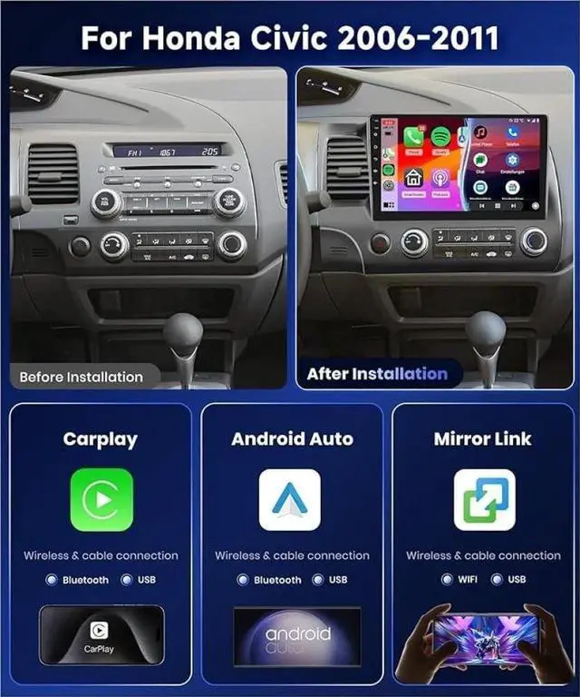 Alt view image 3 of 5 - Surakey 2+64G Android 15 Car Radio for Honda Civic 2006-2011 Stereo with CarPlay Wireless Android Auto, 10in IPS Touchscreen with GPS WiFi Bluetooth FM/RDS SWC + AHD Backup Camera/Microphone