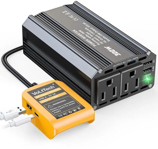 Main image of VoLtTech 300W Power Inverter 18V to 110V Compatible with Dewalt 20V Battery, Battery Inverter DC Charger Adapter with 2 AC Outlet & 2 USB Port for Vehicles, Laptop, Computer, Phone, Fan(No Battery)