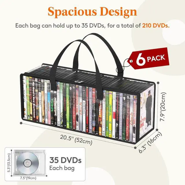 Alt view image 4 of 5 - Lifewit DVD Storage Bags, Clear PVC DVD Case Holder with Handles, Front Window Zipper Design, Stackable Media Organizer for Blu Ray Disc, Movie Cases, VHS Box, Hold 210 Pcs DVDs (35 Each), 6 Pack