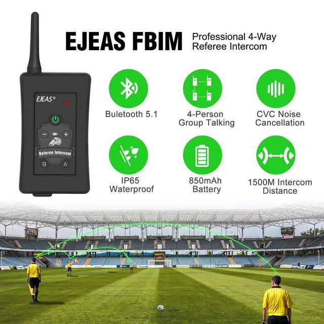 Alt view image 4 of 5 - EJEAS FBIM Professional Football Referee Bluetooth Intercom, 850mAh Full-Duplex 1500M Wireless Bluetooth Interphone with Noise Reduction Function for Soccer and Handball Referees (2 Pack)