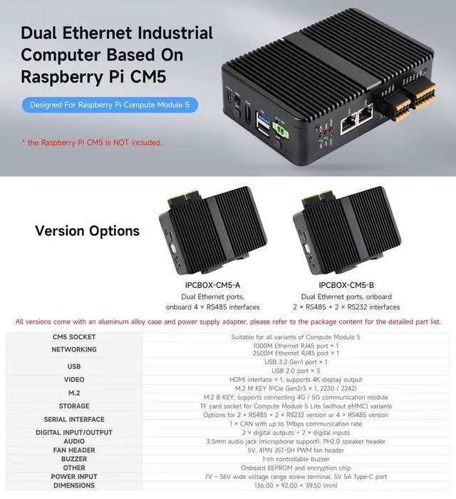 Alt view image 3 of 5 - Waveshare Gigabit/2.5G Dual Ethernet Industrial Computer Based on Raspberry Pi CM5 (NOT Included), 4K Output, 4G/5G Support, fits All Compute Module 5 Variants, 4 RS485 Onboard Interfaces