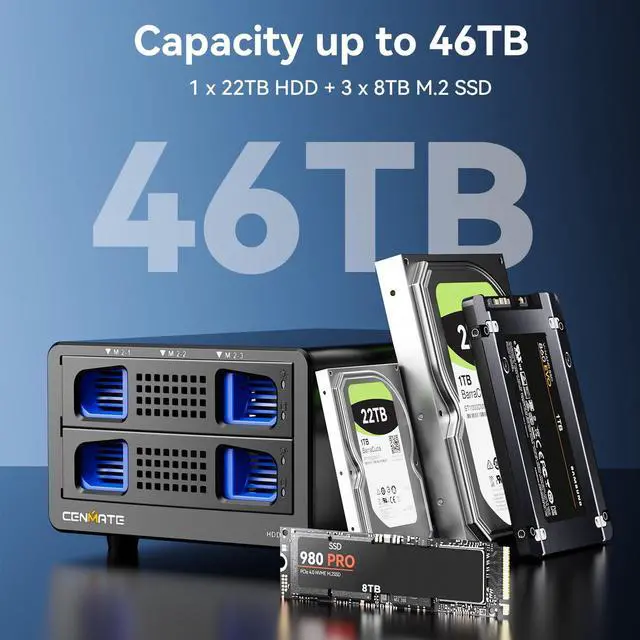 Alt view image 2 of 5 - CENMATE Hybrid 2.5/3.5" SATA HDD/SSD+3* M / B+M Key M.2 NVMe Enclosure with Cooling Fan and USB A/C 3.2 Gen 2 (10Gbps), Hard Drive Enclosure Support 22TB HDD+3*8TB 2230/2242/2260/2280/22110 SSDs