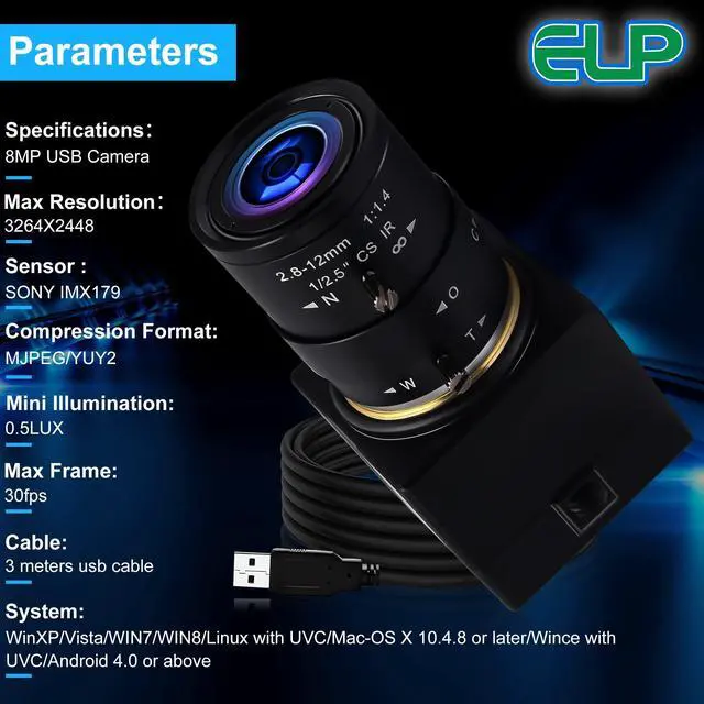 Alt view image 5 of 5 - webcamera_usb Varifocal Lens USB Camera 4X Optical Zoom Webcam,2.8-12mm Varifocus Web Camera Adjust Angle,8MP Varifocal Webcams with IMX179,Focus Adjustable Raspberry Pi Windows Linux Web Cams