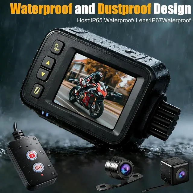 Alt view image 2 of 5 - FIRE BULL Motorcycle Dash Cam Dual Front and Rear 720P Camera, 2.0'' IPS Screen, 120 Wide Angle, IP67 Waterproof DVR with G-Sensor, Parking Monitor, Loop Recording