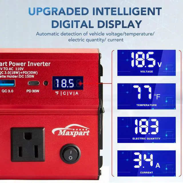 Alt view image 3 of 5 - 500W Power Inverter, Car/Light Truck 12V DC to 110V AC Converter USB and 3.0A USB and Type-C Ports Car Charger Inverter with Cigarette Lighter Ports for Smartphones Laptops Tablets
