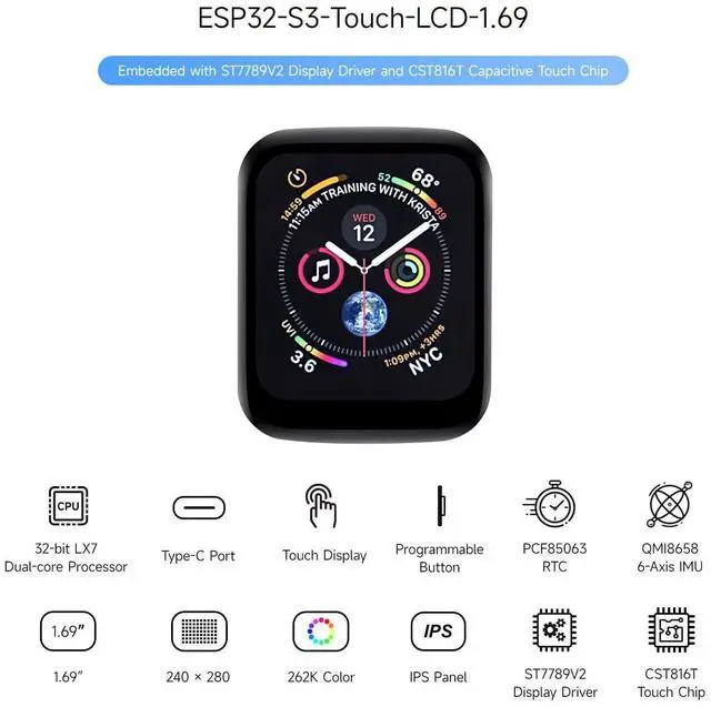 Alt view image 3 of 5 - Waveshare ESP32-S3 1.69inch Touch Display Development Board, 240280 Pixels, Micro LCD Display with ESP32-S3, 262K Color, Compact Size, Accelerometer and Gyroscope Sensor