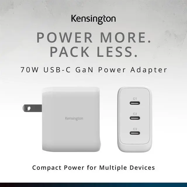 Alt view image 2 of 5 - Kensington 70W USBC GaN Power Adapter, 3Port Fast Charger with Power Delivery for Laptops, Tablets & Smartphones (K38101NA)