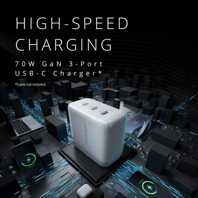 Alt view image 3 of 5 - Kensington 70W USBC GaN Power Adapter, 3Port Fast Charger with Power Delivery for Laptops, Tablets & Smartphones (K38101NA)