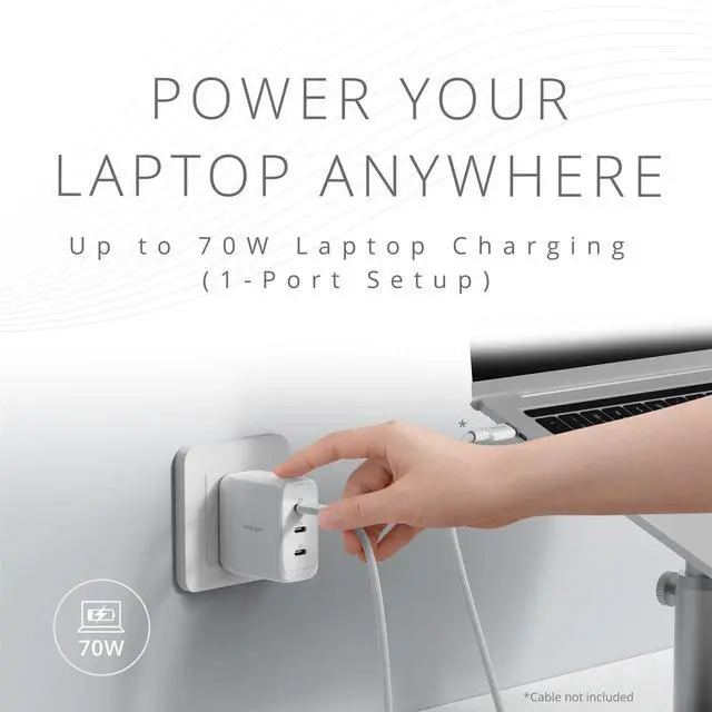 Alt view image 5 of 5 - Kensington 70W USBC GaN Power Adapter, 3Port Fast Charger with Power Delivery for Laptops, Tablets & Smartphones (K38101NA)
