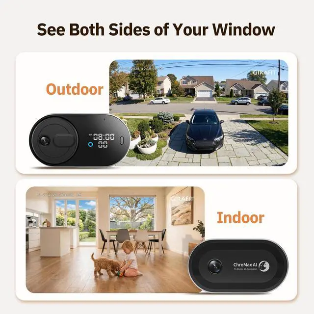 Alt view image 2 of 5 - Girafit 5MP 3K Window Camera for Home Security Indoor Camera for Outdoor Monitoring with Temperature and Humidity Sensor Color Night Vision AI Human Detection Two Way Audio Remote Viewing Easy Install