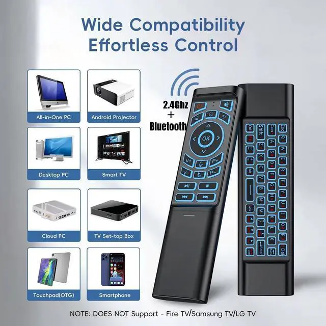 Alt view image 4 of 5 - iPazzPort Mini Air Mouse Remote with Keyboard - 7-Color Backlit, Bluetooth & 2.4G Dual-Mode, Responsive Light-Press Buttons for Smart TV, Android Box, PC, Windows ^^ AAA Battery Powered (NOT Included)