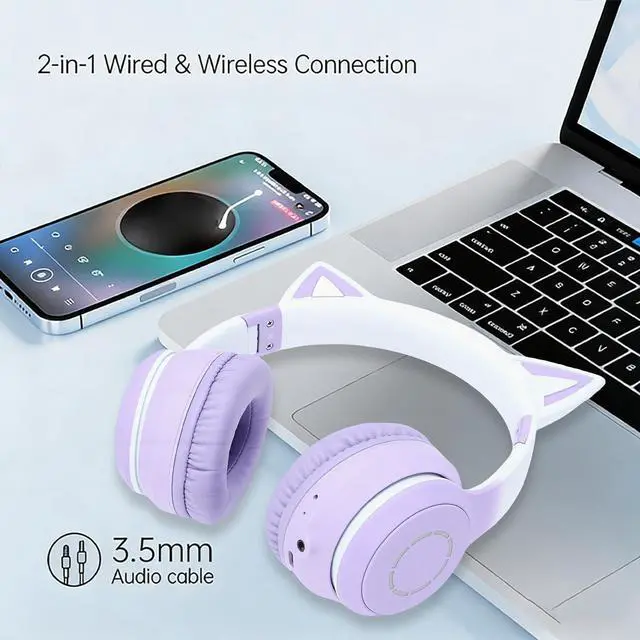 Alt view image 2 of 5 - YUEHISY Gaming Headset, Bluetooth 5.3 Wireless Headphones with 7 Color LED Light & Stereo Sound, Detachable Mic, Comfortable and Foldable (Purple)