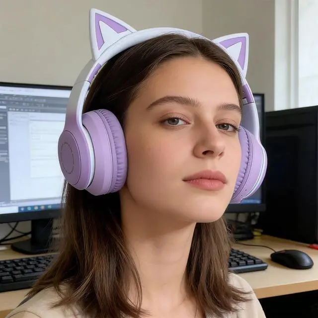 Alt view image 5 of 5 - YUEHISY Gaming Headset, Bluetooth 5.3 Wireless Headphones with 7 Color LED Light & Stereo Sound, Detachable Mic, Comfortable and Foldable (Purple)