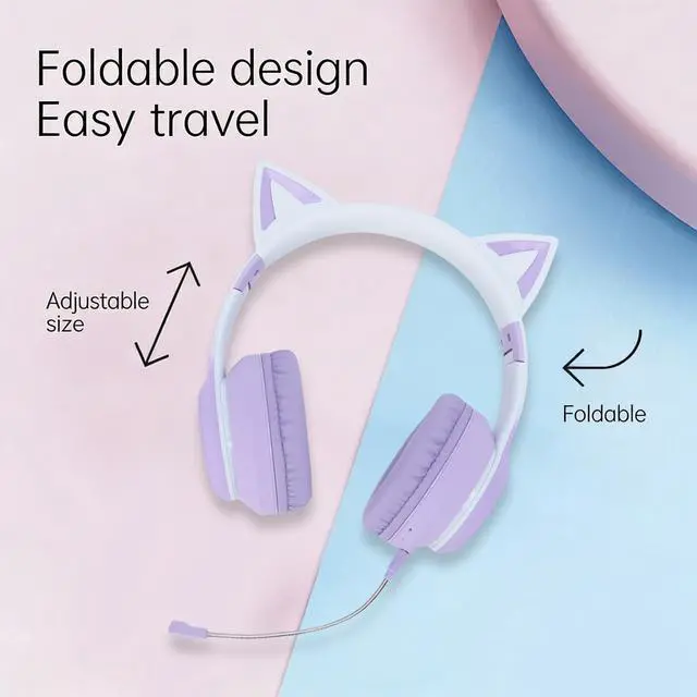 Alt view image 4 of 5 - YUEHISY Gaming Headset, Bluetooth 5.3 Wireless Headphones with 7 Color LED Light & Stereo Sound, Detachable Mic, Comfortable and Foldable (Purple)