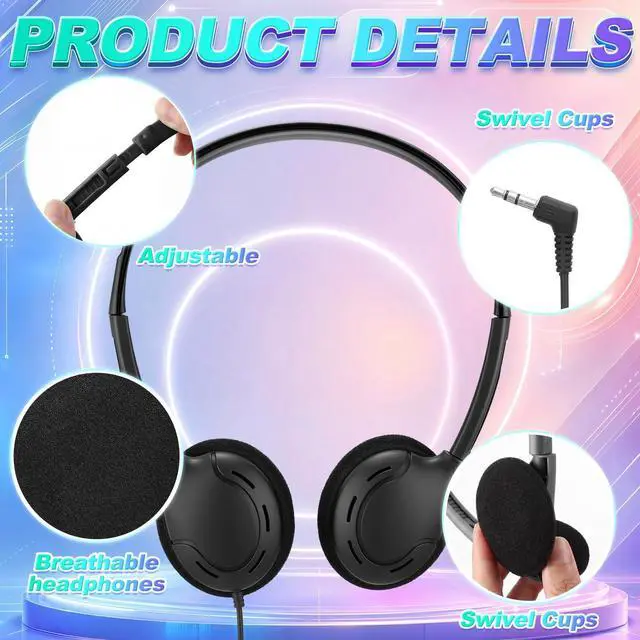 Alt view image 2 of 5 - Hoteam 100 Pack Headphones for Classroom Bulk Students Adjustable Headphones Wired Pack Black Over the Head Earphones with 3.5 mm Plug for School Library Museums Charity(Black,Minimalist)