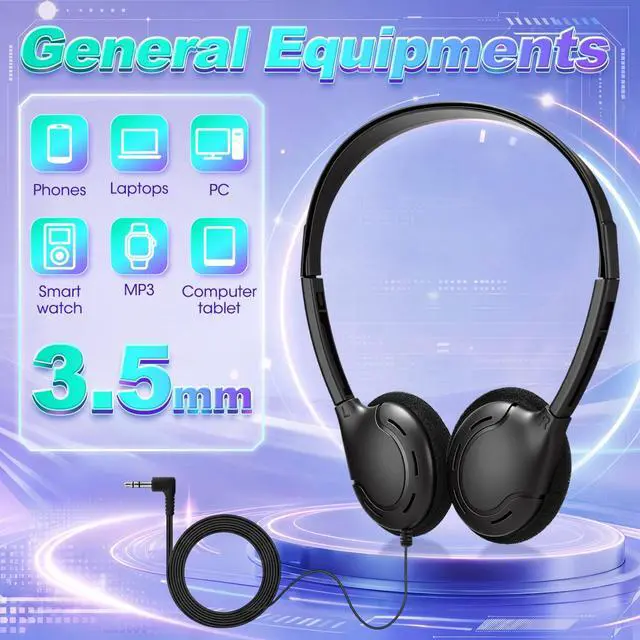 Alt view image 5 of 5 - Hoteam 100 Pack Headphones for Classroom Bulk Students Adjustable Headphones Wired Pack Black Over the Head Earphones with 3.5 mm Plug for School Library Museums Charity(Black,Minimalist)