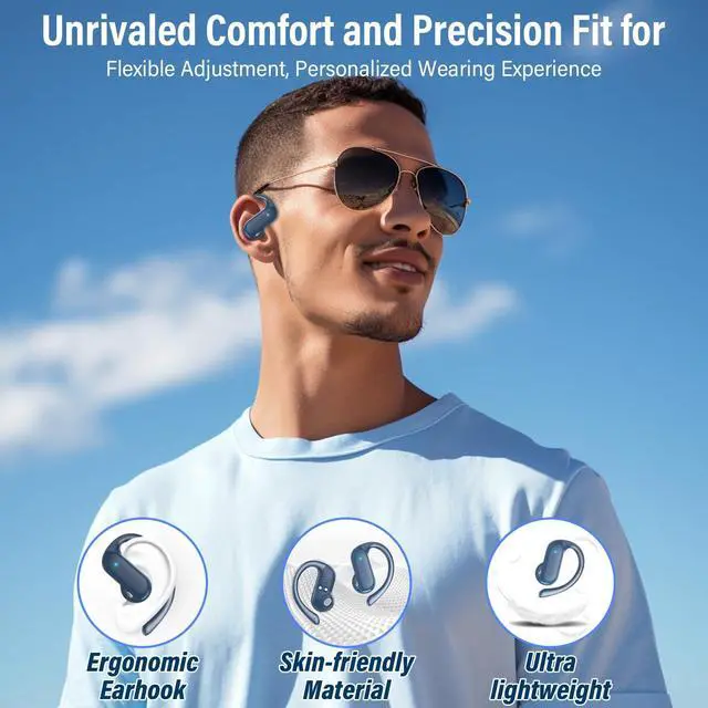 Alt view image 3 of 5 - Open Ear Earbuds, Bluetooth 5.4 Wireless Earbuds with Ear Hooks, 32H HiFi Stereo Open Ear Headphones with Clear Calls, IPX7 Lightweight Air Conduction Headphones for Workouts and Running, Deep