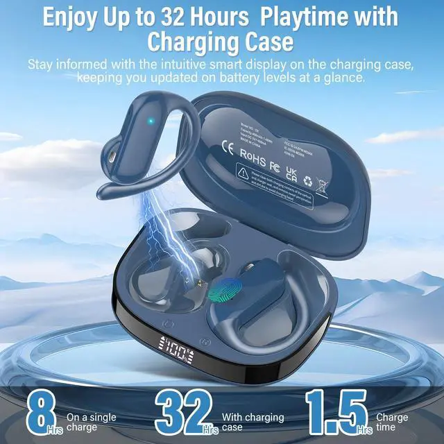 Alt view image 5 of 5 - Open Ear Earbuds, Bluetooth 5.4 Wireless Earbuds with Ear Hooks, 32H HiFi Stereo Open Ear Headphones with Clear Calls, IPX7 Lightweight Air Conduction Headphones for Workouts and Running, Deep