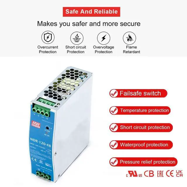 Alt view image 4 of 5 - NDR-120-48 48V 2.5A DIN Rail Power Supply - 120W Robust & Reliable Power Solution for Industrial Environments, Automation, and Control Systems - Easy DIN Rail Mounting
