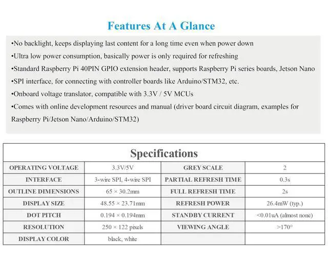 Alt view image 3 of 5 - 2PCS 2.13inch E-Ink Display HAT V4 Version Compatible with Raspberry Pi 5/4B/3B/Zero/Zero W/2W/Pico/Pico W/2W, 250x122 Resolution SPI Interface Supports Partial Refresh,e-Paper HAT
