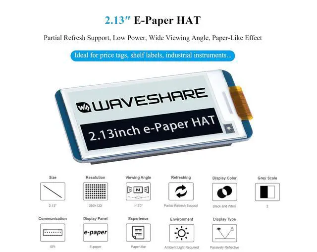 Alt view image 2 of 5 - 2PCS 2.13inch E-Ink Display HAT V4 Version Compatible with Raspberry Pi 5/4B/3B/Zero/Zero W/2W/Pico/Pico W/2W, 250x122 Resolution SPI Interface Supports Partial Refresh,e-Paper HAT