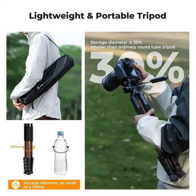 Alt view image 3 of 5 - K&F CONCEPT Camera Tripod, 75" Lightweight Portable Travel Outdoor DSLR Tripods for Camera Phone Video Recording Tripod Stand, Cellphone Clip for Smartphone Live Streaming Vlog (Bronze Gold, 75'')