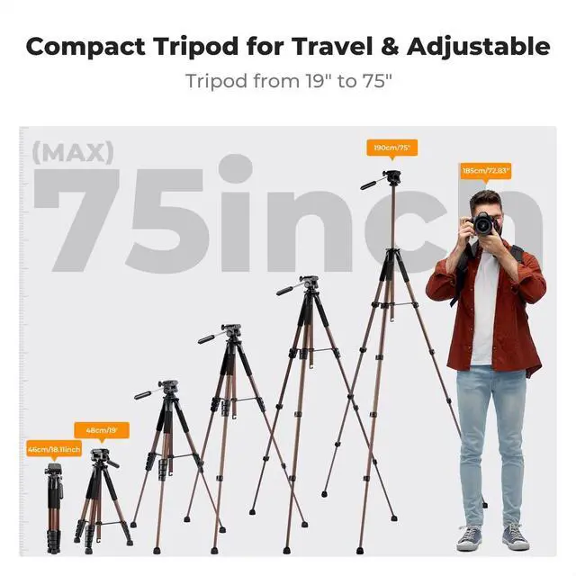 Alt view image 5 of 5 - K&F CONCEPT Camera Tripod, 75" Lightweight Portable Travel Outdoor DSLR Tripods for Camera Phone Video Recording Tripod Stand, Cellphone Clip for Smartphone Live Streaming Vlog (Bronze Gold, 75'')