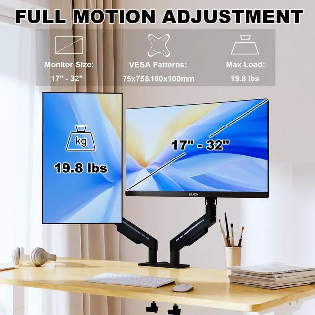 Alt view image 2 of 5 - THEARK Dual Monitor Stand for Desk - Dual Monitor Mount for 17-32 Inch Screens,Height Adjustable Dual Monitor Arm Desk Mount with Clamp and Grommet Base,75x75/100x100mm VESA Mount,Max 19.8 lbs,Black