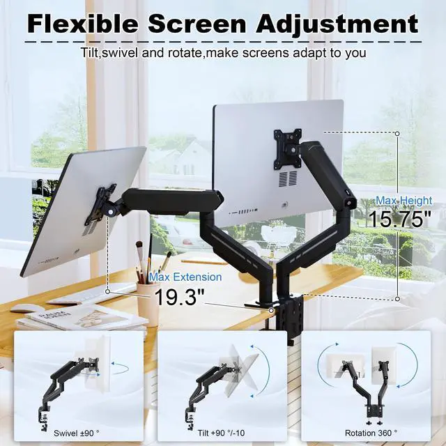 Alt view image 3 of 5 - THEARK Dual Monitor Stand for Desk - Dual Monitor Mount for 17-32 Inch Screens,Height Adjustable Dual Monitor Arm Desk Mount with Clamp and Grommet Base,75x75/100x100mm VESA Mount,Max 19.8 lbs,Black