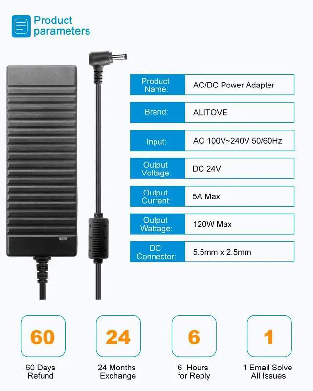 Alt view image 2 of 5 - ALITOVE 24V Power Supply DC 24 Volt 5A AC Adapter 100-240V AC/DC Adapter Transformer Compatible 5 Amp 4A 3A 2.7A 2.5A 2A with 5.5 * 2.5mm/2.1mm Tip for LED Strip CCTV Camera Printer LCD Monitor