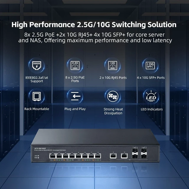 Alt view image 2 of 5 - 14 Port 10G Switch, 8x2.5G, 2x10G RJ45, 4x10G SFP+, Metal Unmanaged Binardat Ethernet Switch, Desktop^^Rackmount for Gaming, NAS, Small Business, Plug & Play