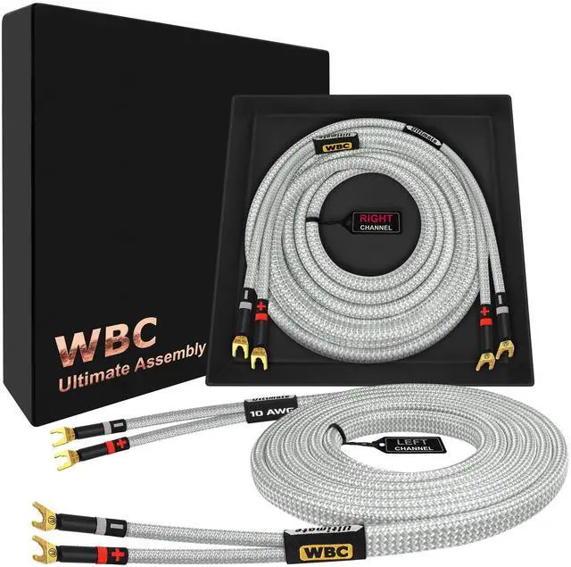 Main image of WORLDS BEST CABLES 10 Foot Ultimate - 10 AWG - Ultra-Pure OFC - Premium Audiophile HiFi Speaker Cable Pair with Eminence Spade Plugs & Silver Tweed Jacket
