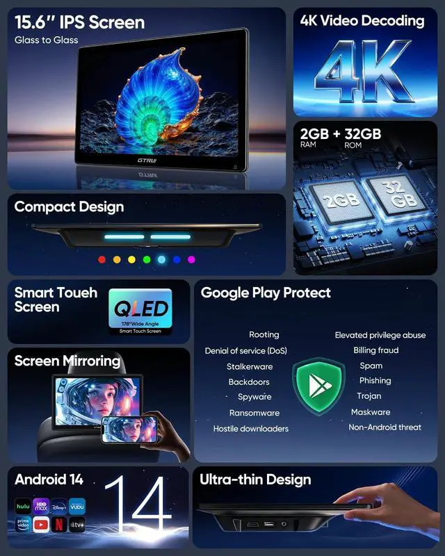 Alt view image 5 of 5 - 15.6 inch 4K Android 14.0 Car TV Headrest Monitor for Cars Back seat Rear Entertainment System, Support Phone Wireless Mirror Link Touch Screen,with WiFi/Bluetooth/HDMI/USB/Video Player (1 Set)