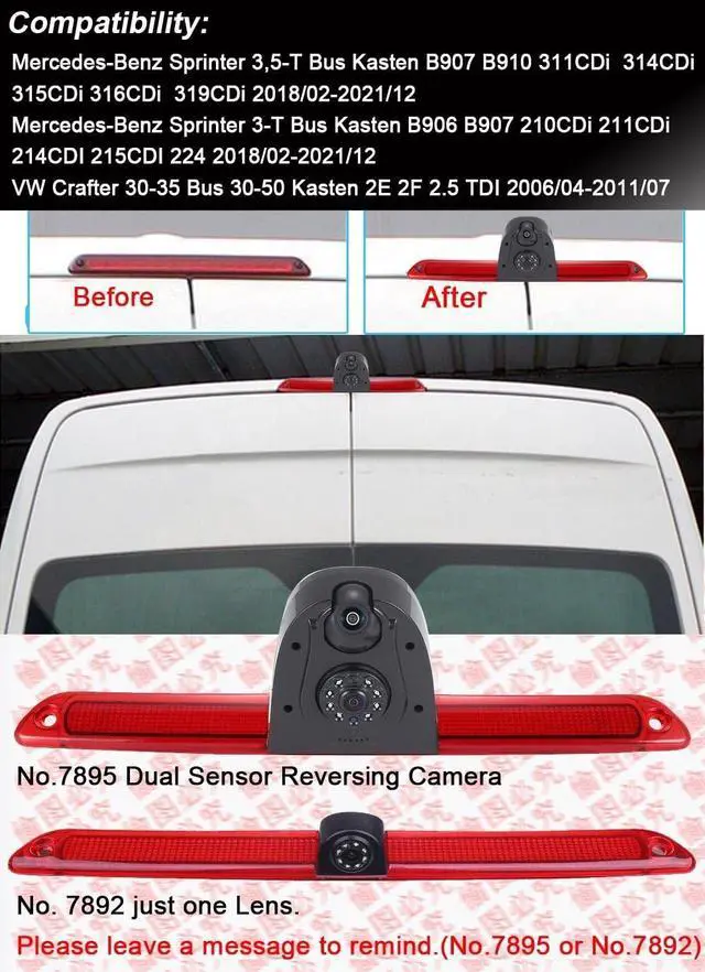 Alt view image 2 of 5 - New Super Dual Lens Car Rear View Camera Brake Light Reversing System in 3rd Brake Light Camera, Replacement for Van Mercedes Benz Sprinter W906/ VW Crafter Caravelle 2007-2015 (with 7 inch Mirror)