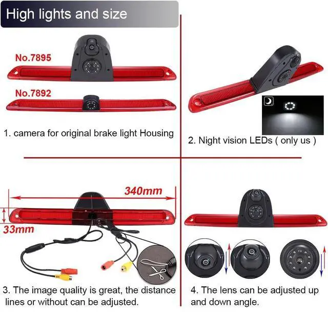 Alt view image 3 of 5 - New Super Dual Lens Car Rear View Camera Brake Light Reversing System in 3rd Brake Light Camera, Replacement for Van Mercedes Benz Sprinter W906/ VW Crafter Caravelle 2007-2015 (with 7 inch Mirror)