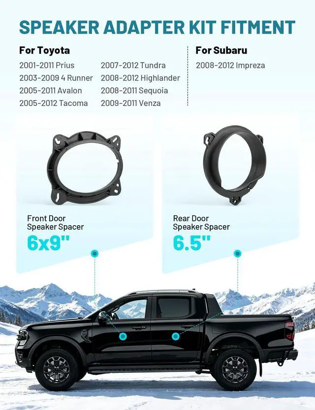 Alt view image 2 of 5 - NuIth Car 69 Inch Front + 6.5 Inch Rear Door Speaker Adapter Kit for Toyota 03-09 4 Runner 05-11 Avalon 08-12 Highlander 09-11 Venza 08-11 Sequoia, Speaker Bracket Spacer for Aftermarket Install