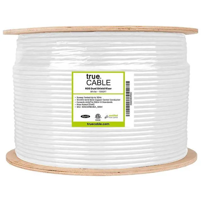 Alt view image 2 of 5 - trueCABLE RG6 Dual Shield Coax, 1000ft, White, Riser Rated (CMR/CATVR/CL2), Bare Copper Conductor Coaxial Cable, 3GHz Sweep Tested