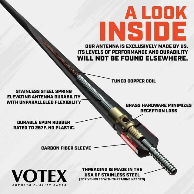 Alt view image 2 of 5 - Votex - The Spartan - 13 3/4 Inch Rubber Antenna fits Ford F-150 ^^ F-250 ^^ F-350 ^^ F-450 ^^ F-550 - USA Stainless Steel Threading - Red Carbon Fiber Trim - Tuned Internal Copper Coil
