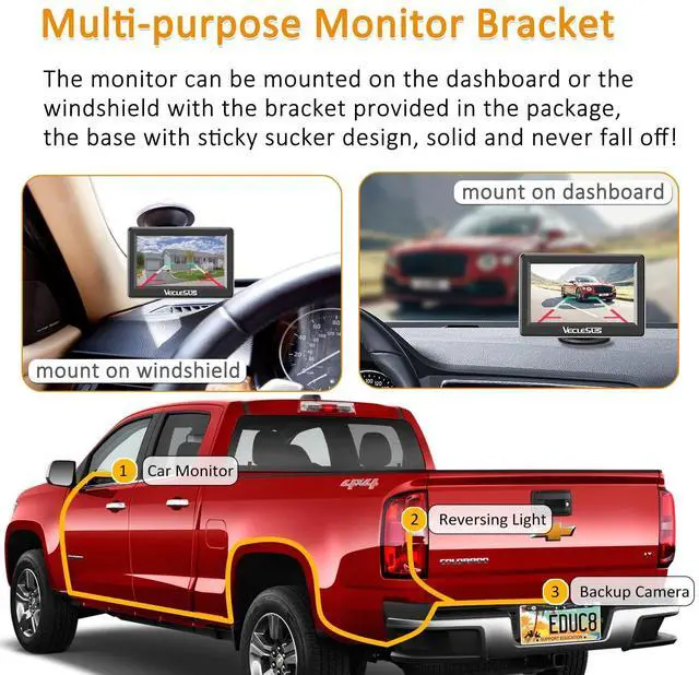 Alt view image 4 of 5 - VECLESUS VM1 Wired Backup Camera Kit with 4.3 Monitor, 1080P License Plate Camera, IP68 Waterproof Night Vision, Reverse/Continuous View for Car, SUV, Pickup, Sedan, Truck, 33ft Cable