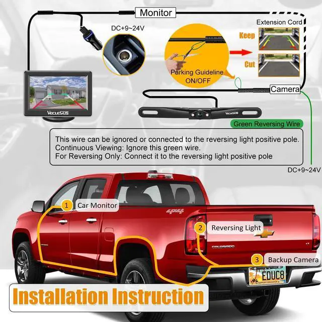 Alt view image 5 of 5 - VECLESUS VM1 Wired Backup Camera Kit with 4.3 Monitor, 1080P License Plate Camera, IP68 Waterproof Night Vision, Reverse/Continuous View for Car, SUV, Pickup, Sedan, Truck, 33ft Cable