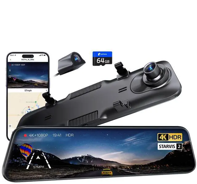 Main image of Pelsee S12 Pro Mirror Dash Cam with STARVIS 2 Sensor, Rear View Mirror Camera 5.8GHz WiFi, 4K Front and 1080P Rear Backup Camera for Car, ADAS, Voice Control, Color Night Vision, 64G Meomory Card